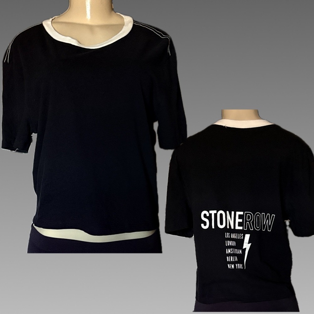 Stone Row Black Back Logo Graphic Lightning Bolt Ringer Crop Short Sleeve Tee M